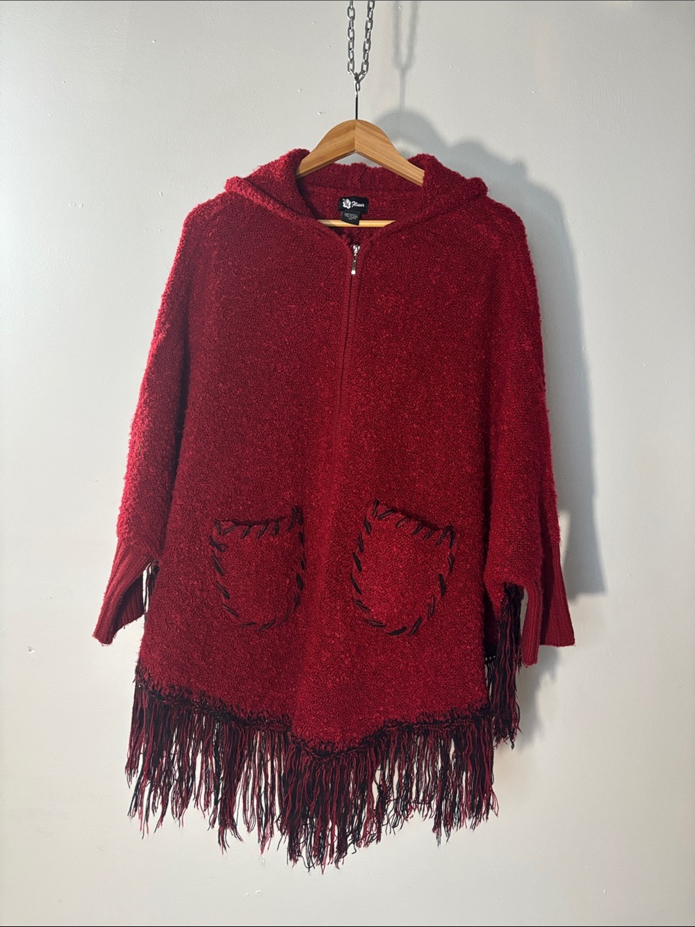 Y2K Dolman Sleeve Red Hooded Fringe Zip Poncho Vintage Flower Brand OS